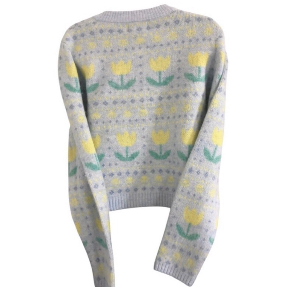 Jessica Simpson blue yellow flowers chunky fuzzy cardigan size Large‎ brand new